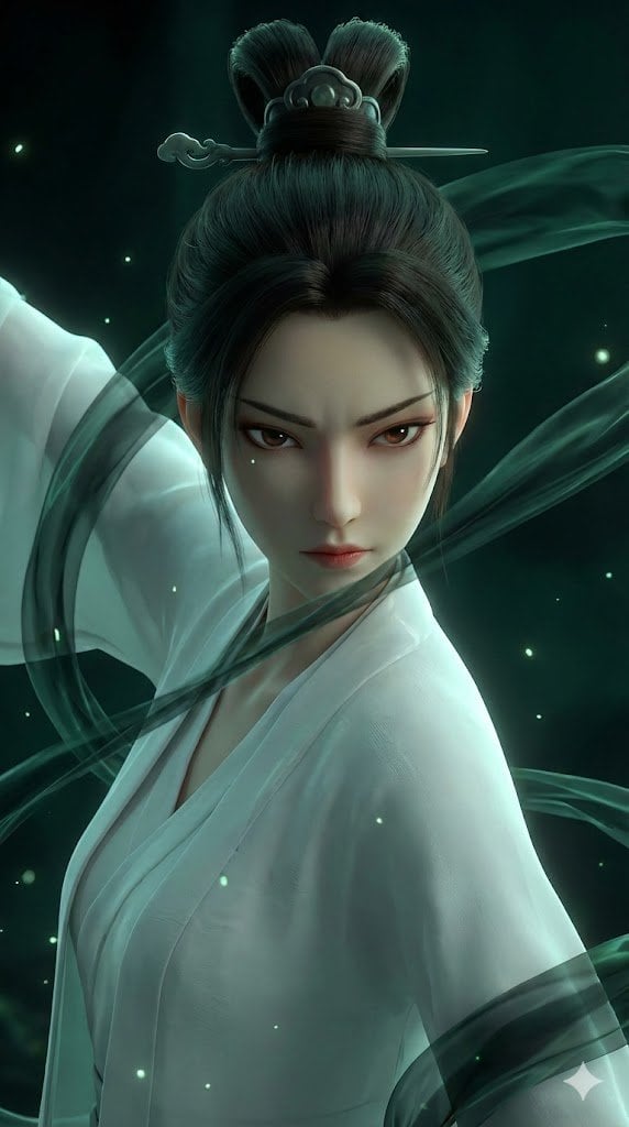 A stunning 3D Chinese animation style close-up of a beautiful heroine…