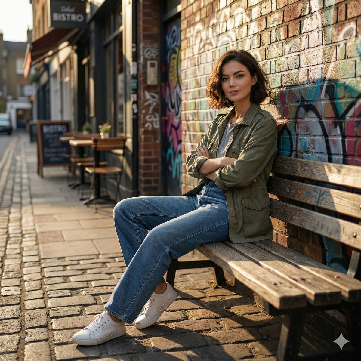 Cinematic realistic street scene, beautiful young woman with short wa…