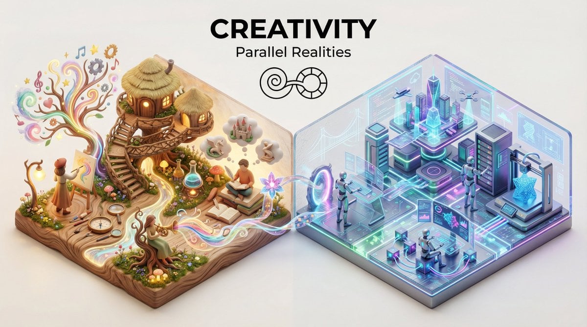 “Present a clear, 45° top-down isometric miniature 3D split diorama showing two parallel worlds of [THEME]: […