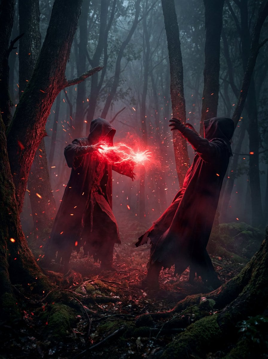 A dramatic cinematic scene in a dark foggy forest where two hooded figures clash, one unleashing a burst of g…