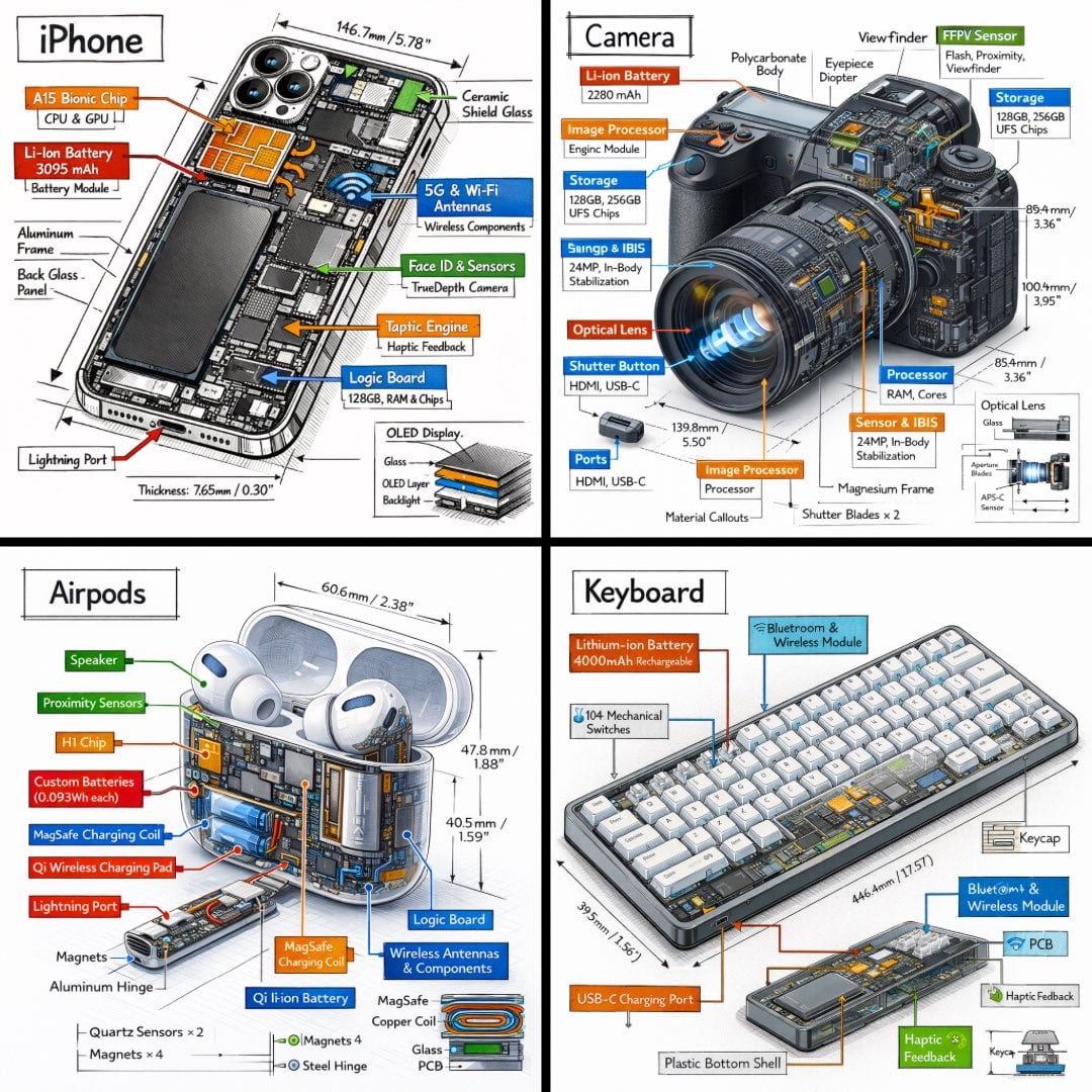 Create a technical infographic of [OBJECT] with a 45-degree isometric…