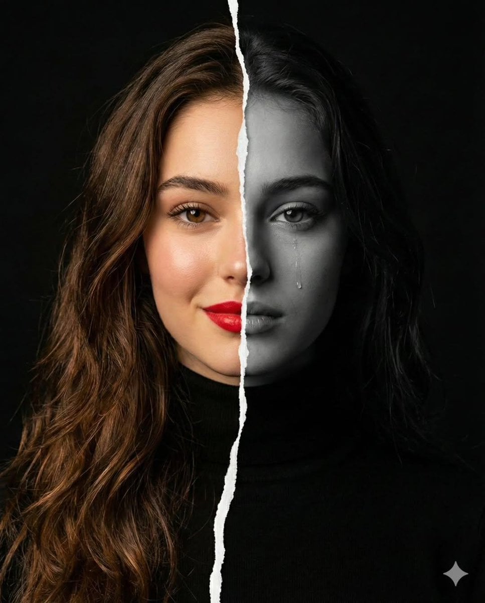 ​A high-resolution conceptual portrait of a woman’s face vertically s…