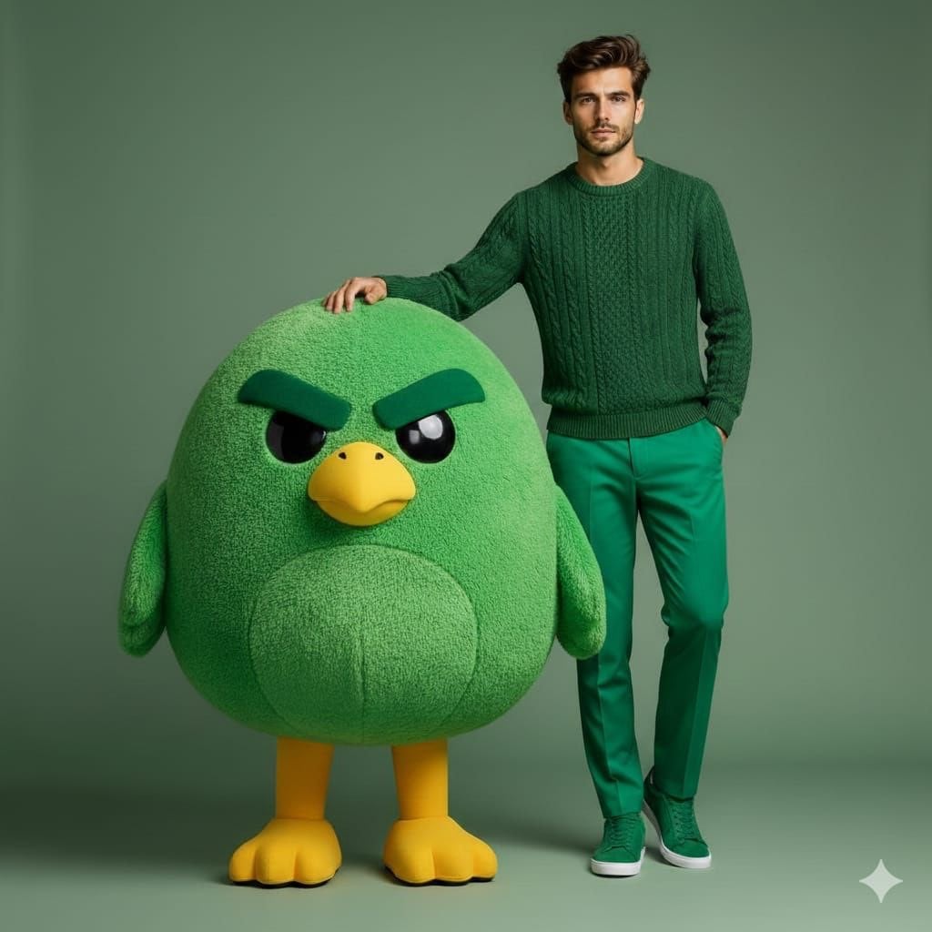 High-end studio fashion portrait of a handsome male model standing beside a large plush green cartoon bird ma…