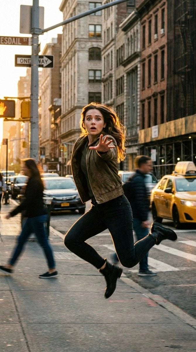 A cinematic freeze-frame shot of a young woman suspended in mid-air i…
