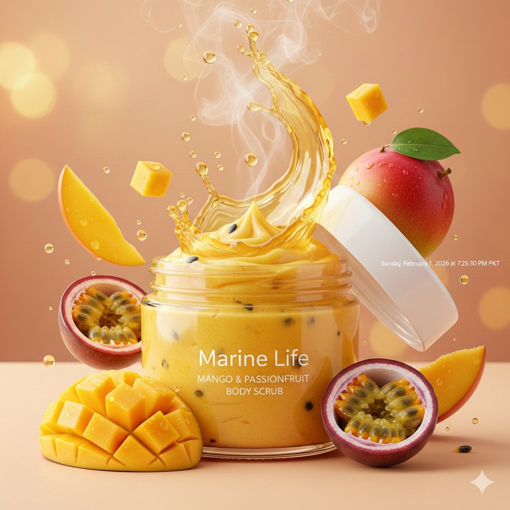Luxurious tropical body scrub product photography, open jar of bright vibrant yellow-orange Mango & Passionfr…