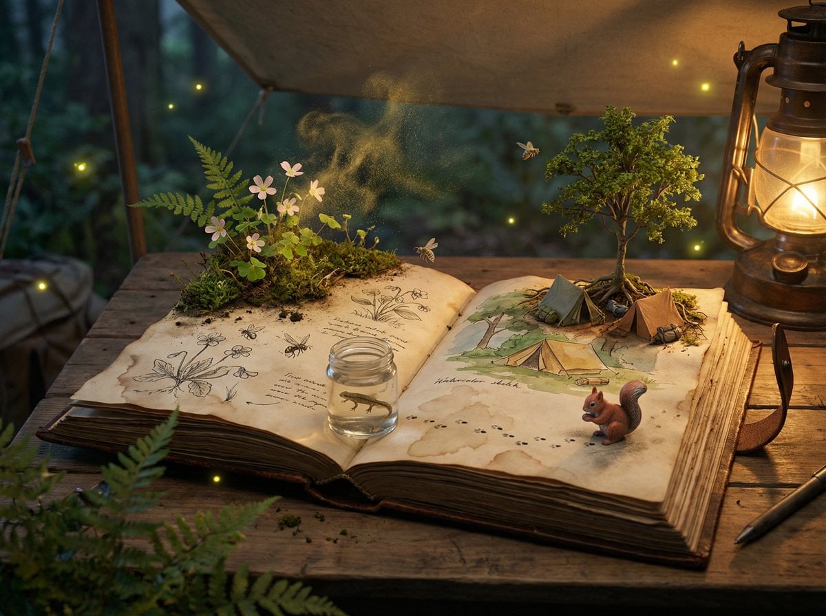 Epic 3D scene: a weathered field journal lies open on a naturalist's…