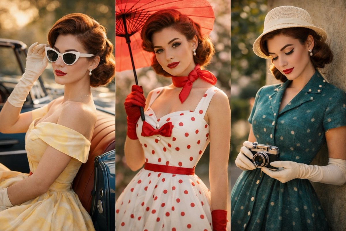 A cinematic vintage fashion portrait of a graceful young woman in a 1…