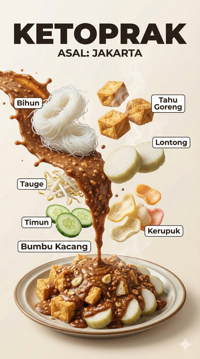 A hyper-realistic Indonesian food infographic poster with dramatic fl…