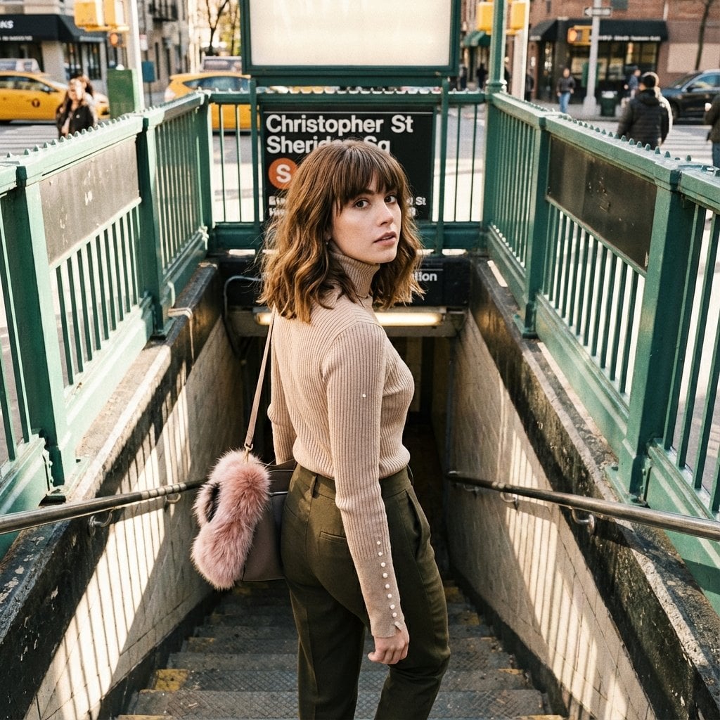 image generation young woman standing at the entrance of a subway staircase in a city pose standing on subway…