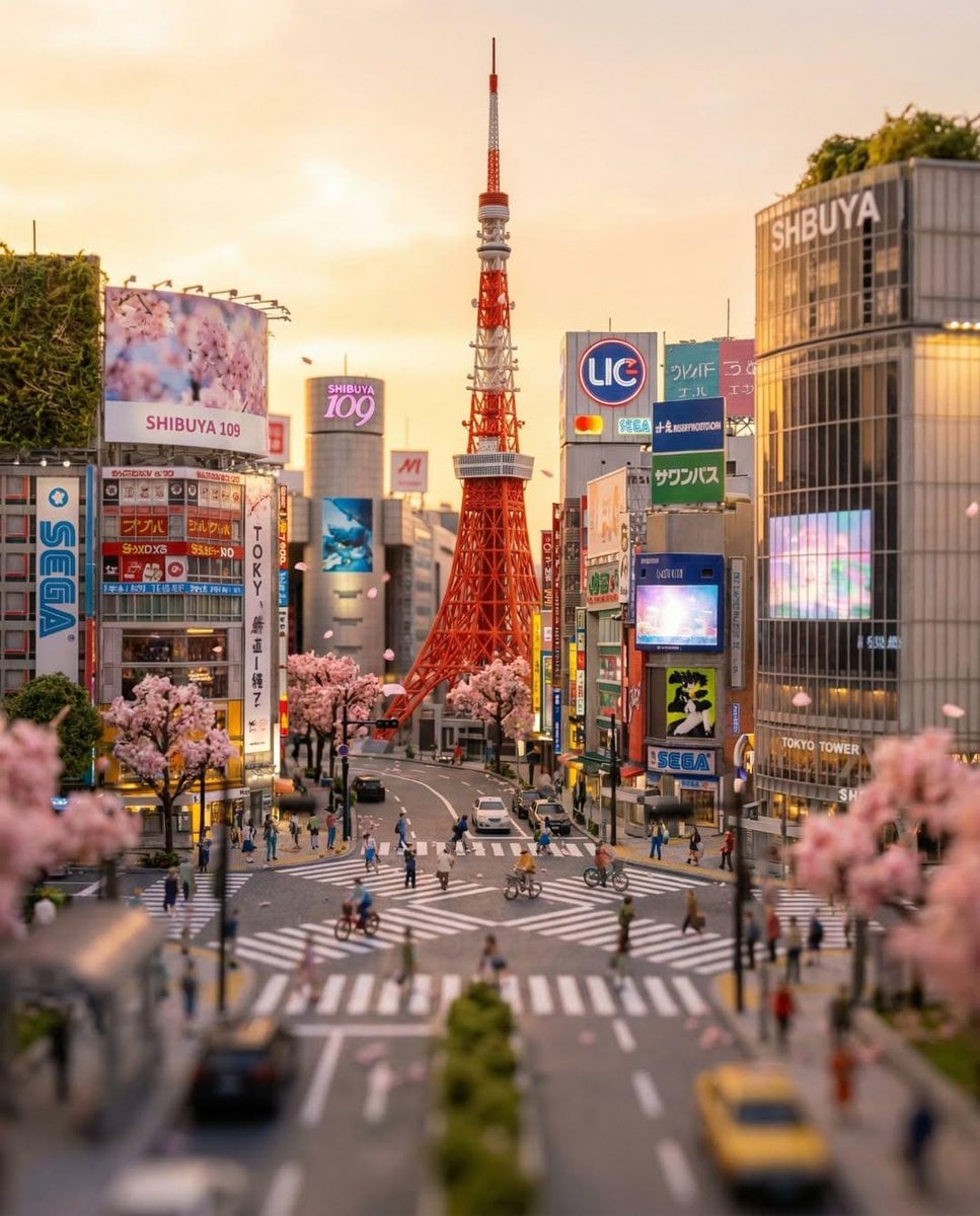 Tilt-shift 3D model diorama in 4:5 aspect ratio, highlighting Tokyo T…