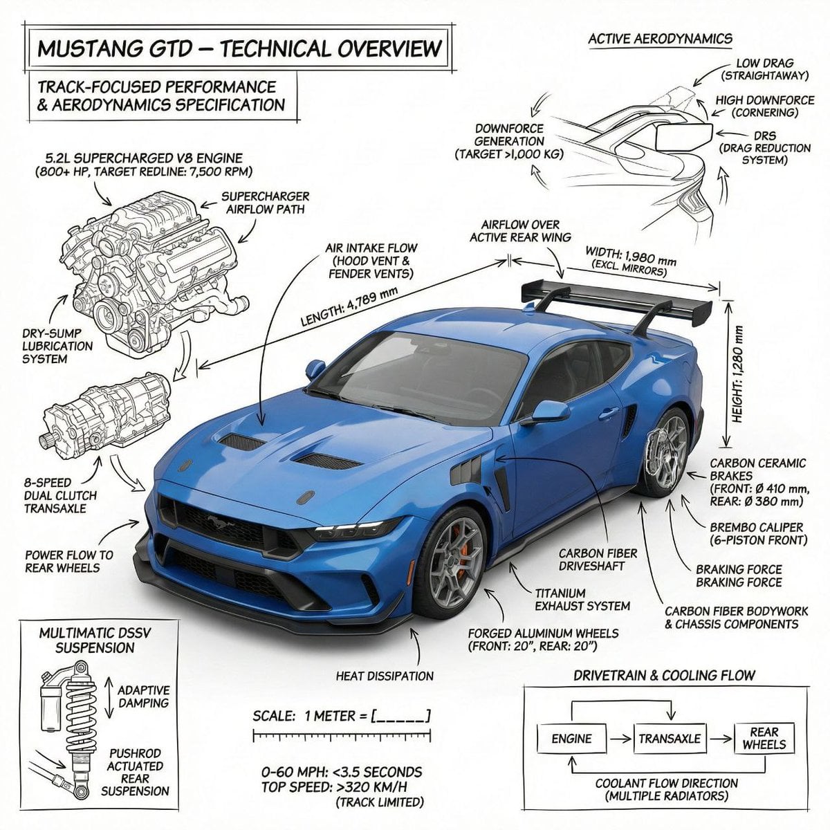 Create an infographic image of Mustang GTD combining a realistic phot…
