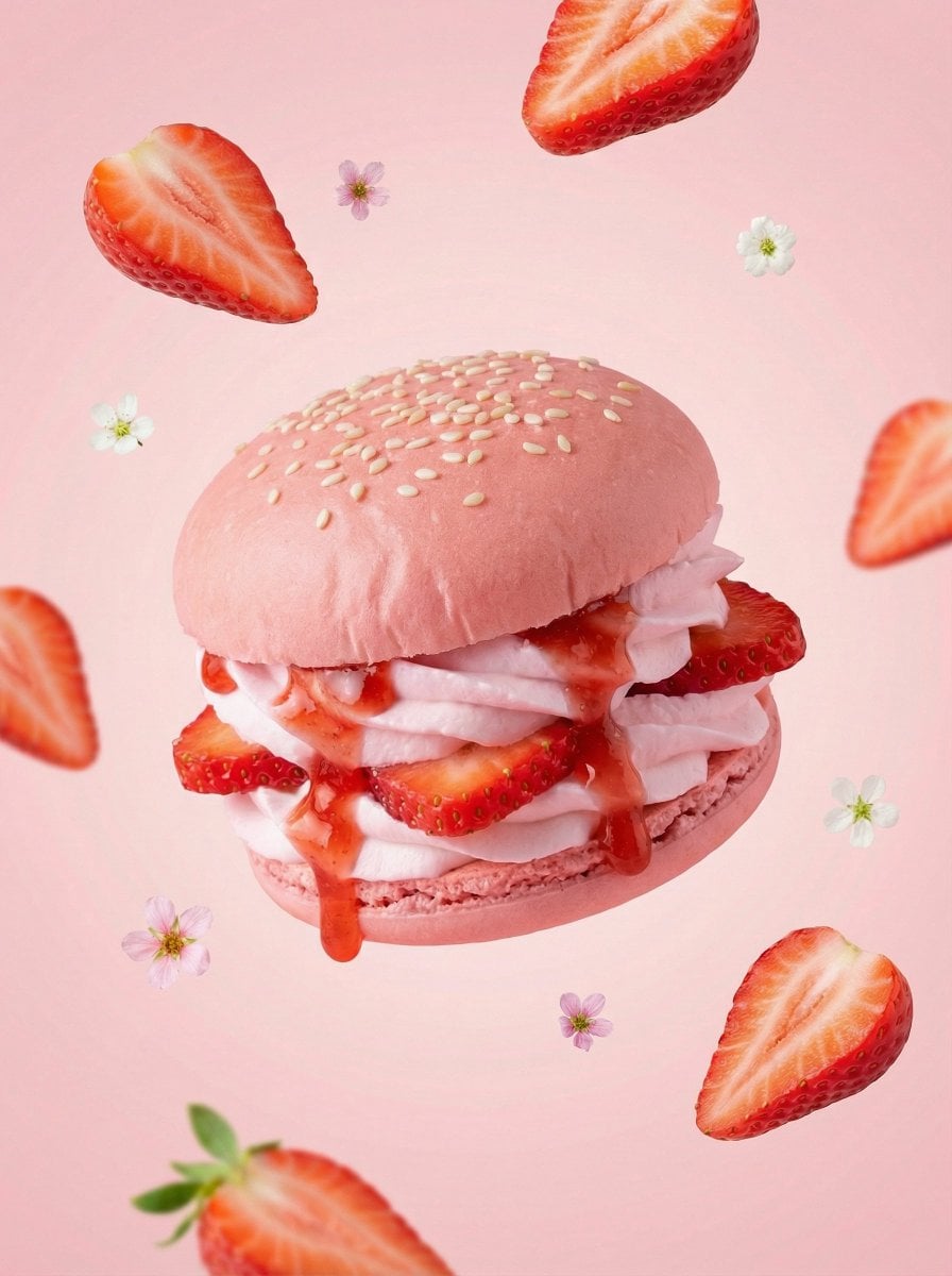 A hyper-realistic {FRUIT} dessert burger, centered composition, soft…