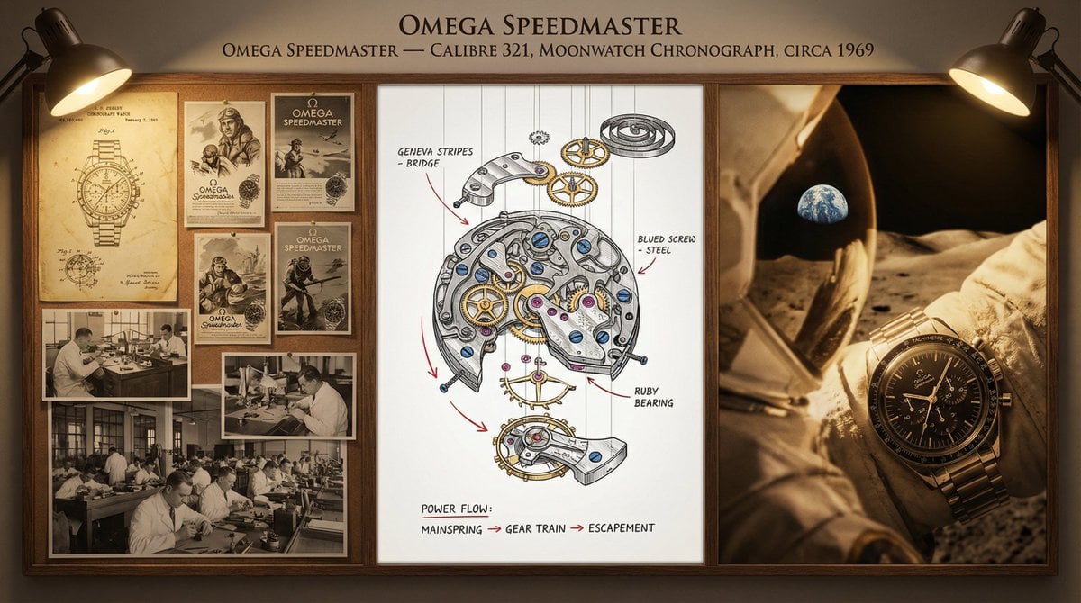 A master watchmaker's documentation board for [TIMEPIECE] — [MANUFACT…