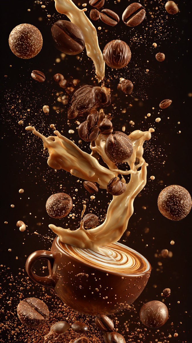 Ultra-cinematic vertical composition of coffee elements suspended in mid-air cascading roasted coffee beans,…