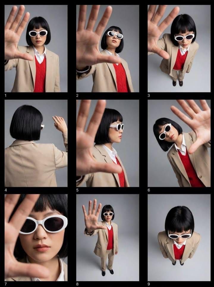 Editorial fashion contact sheet of a modern woman with a sharp black…