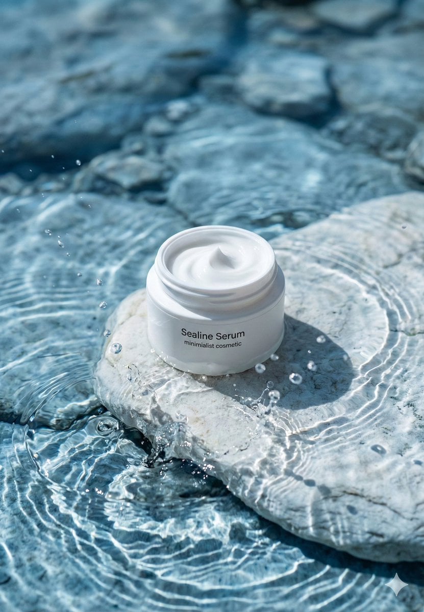 A premium minimalist skincare product photography featuring an open w…