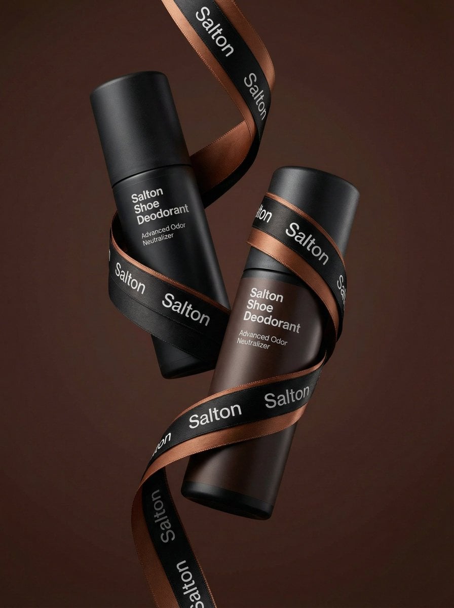 A product photo in a premium advertising style. Two tall matte bottle…