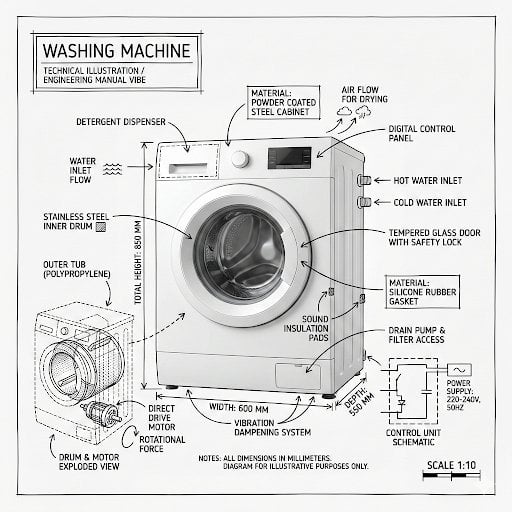 Create an infographic image of [washing machine], combining a realist…