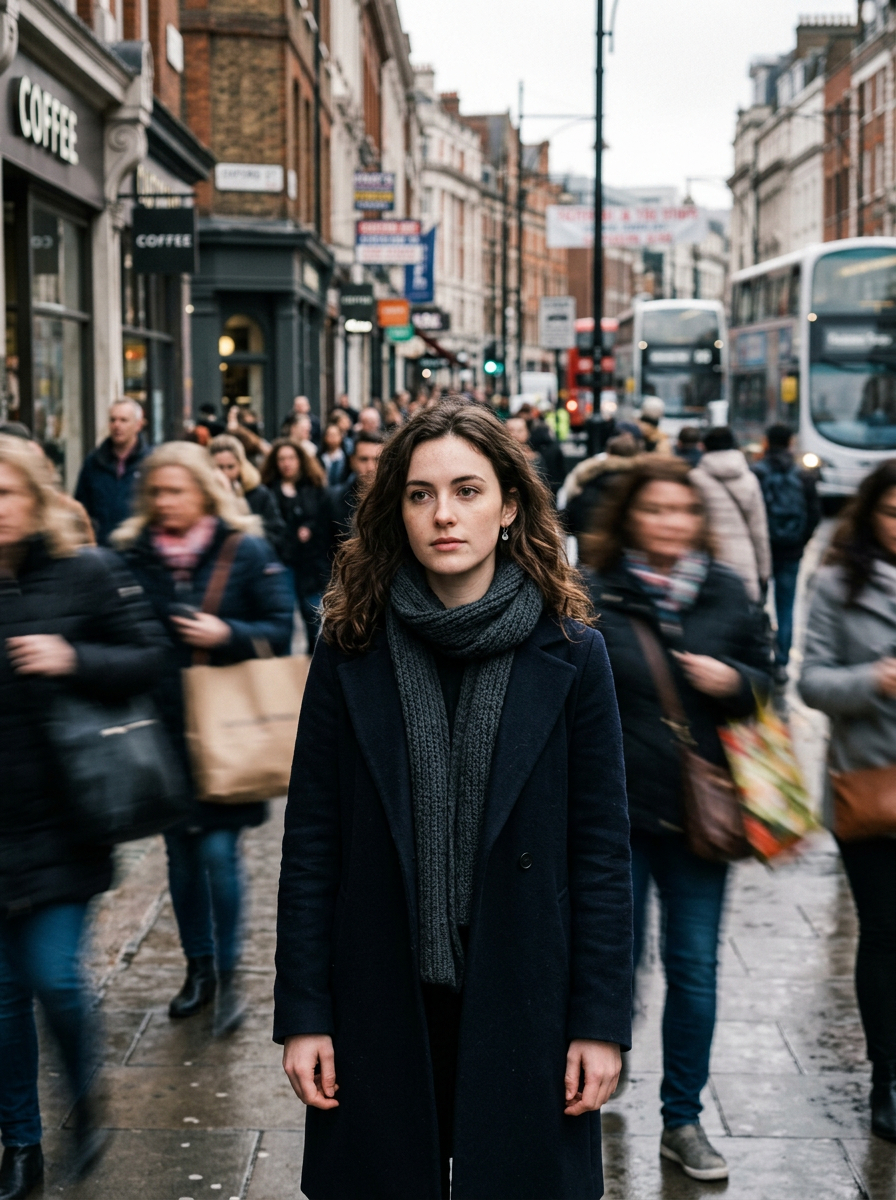 Ultra-realistic cinematic street portrait of a young woman standing s…