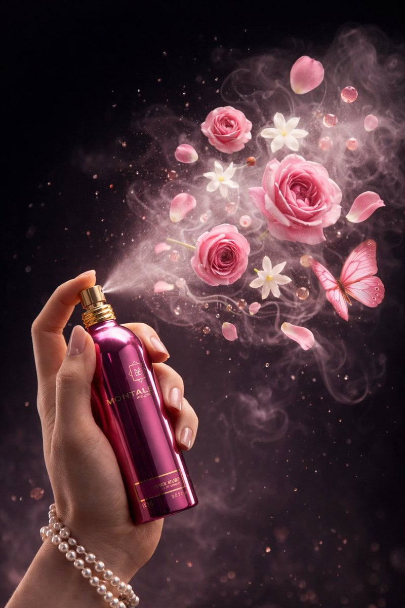 8K 3 4 high-end AI-edited studio photography primary human hand holding a metallic pink perfume bottle hand d…
