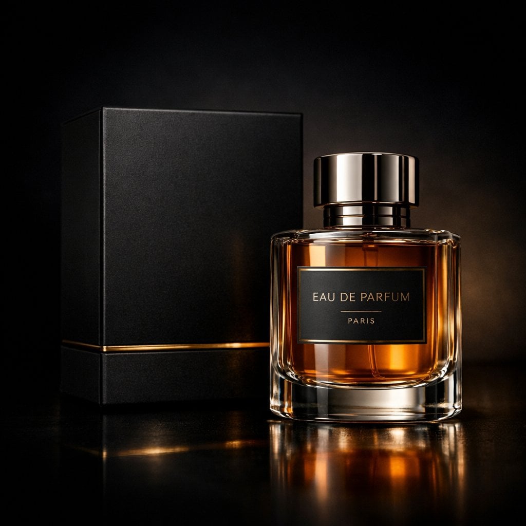 Luxury perfume product photography in a dark cinematic studio. A premium black matte perfume box with sharp e…