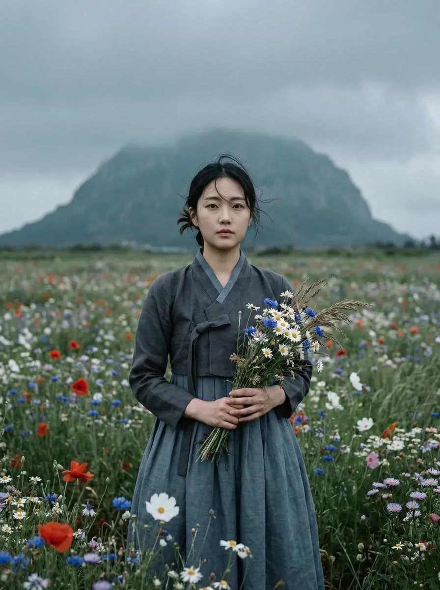 Ultra-realistic cinematic portrait of a young East Asian woman standing alone in a vast wildflower meadow. Sh…