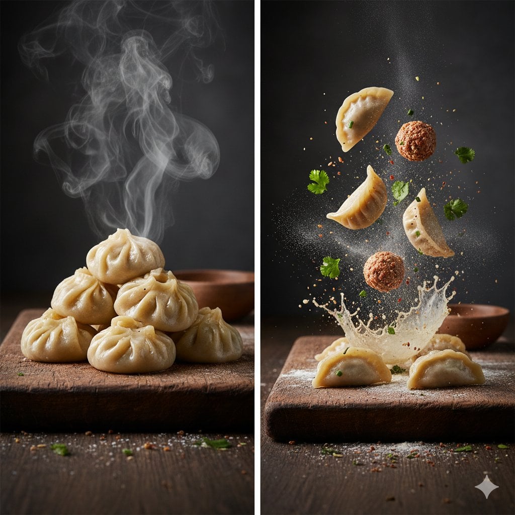 The Cinematic Momo Duo & * Finished Dish Freshly steamed dumplings (m…