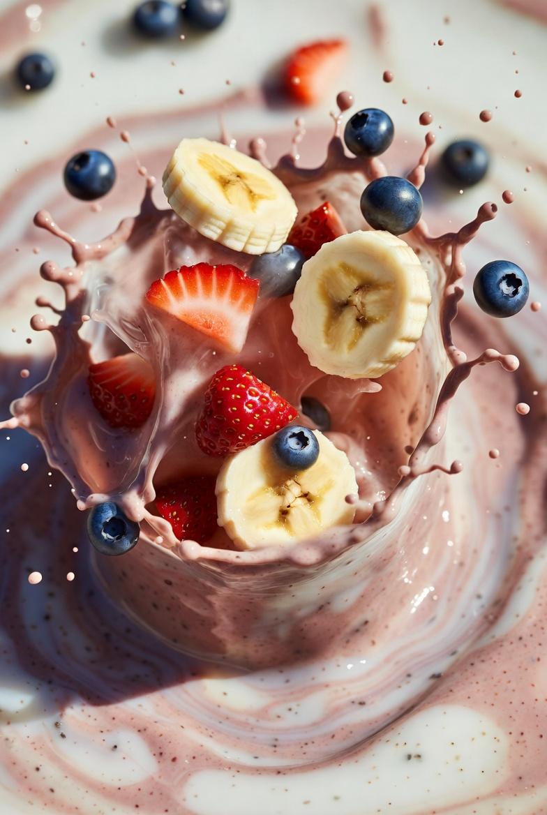 Ultra-realistic smoothie explosion, banana slices, strawberry pieces,…