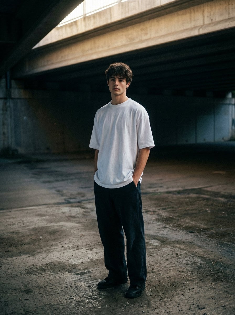 A moody, urban portrait of me standing under a desolate concrete over…