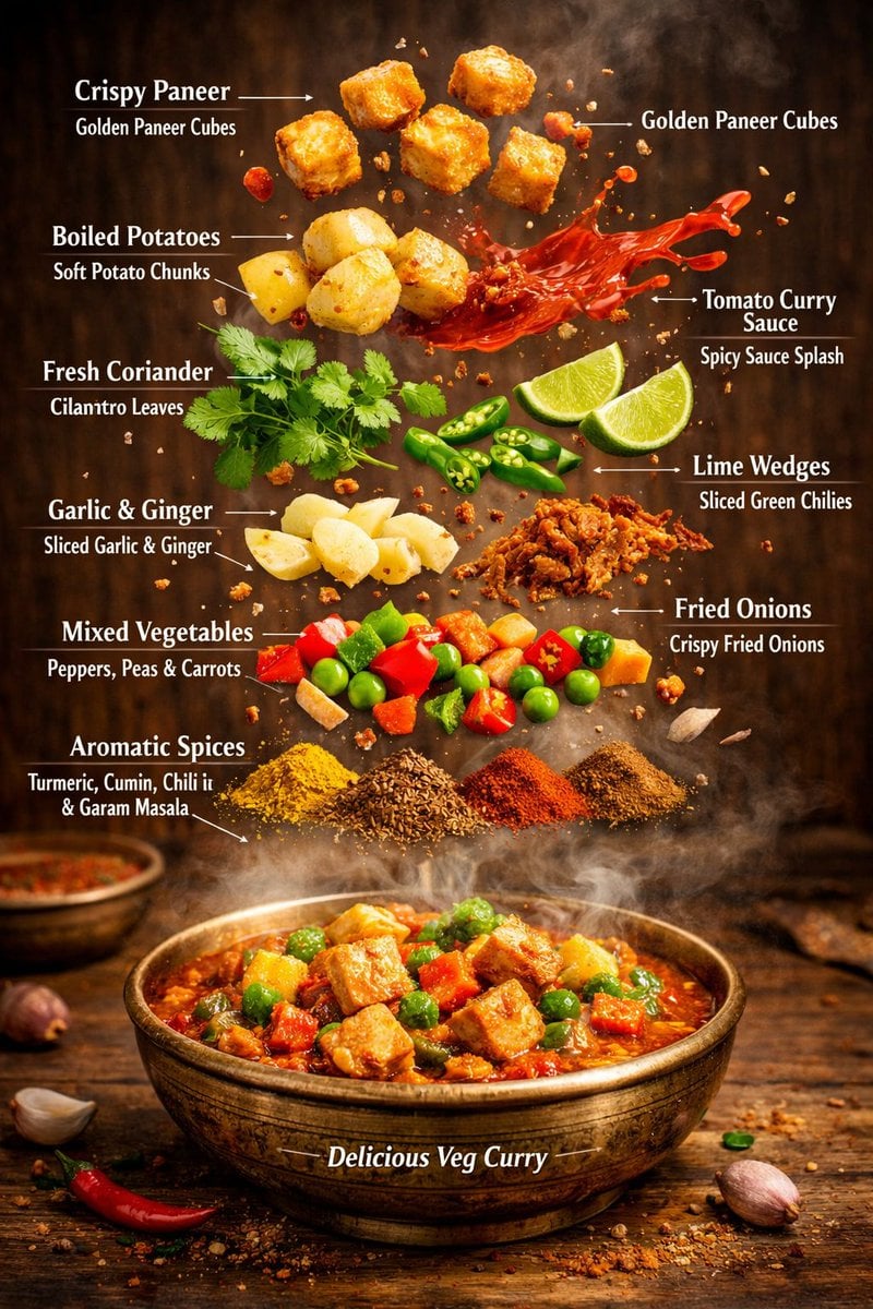 image prompt Hyper-realistic editorial food infographic cuisine Authentic Indian Vegetarian base element Trad…