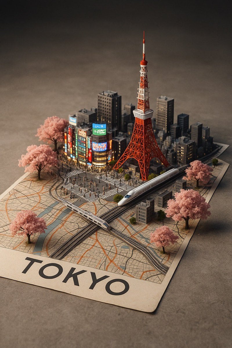 A street-style map of [CITY_NAME] placed on a {MAP_SURFACE}, with a p…