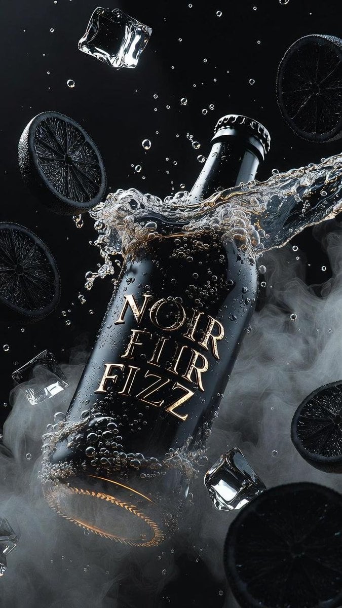Ultra-cinematic product photography of a matte black luxury soda bott…