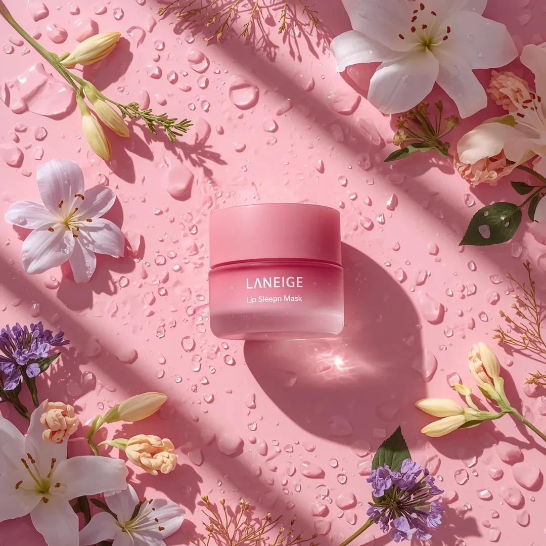 A hyper-realistic beauty product photograph of a pink [LANEIGE Lip Sl…