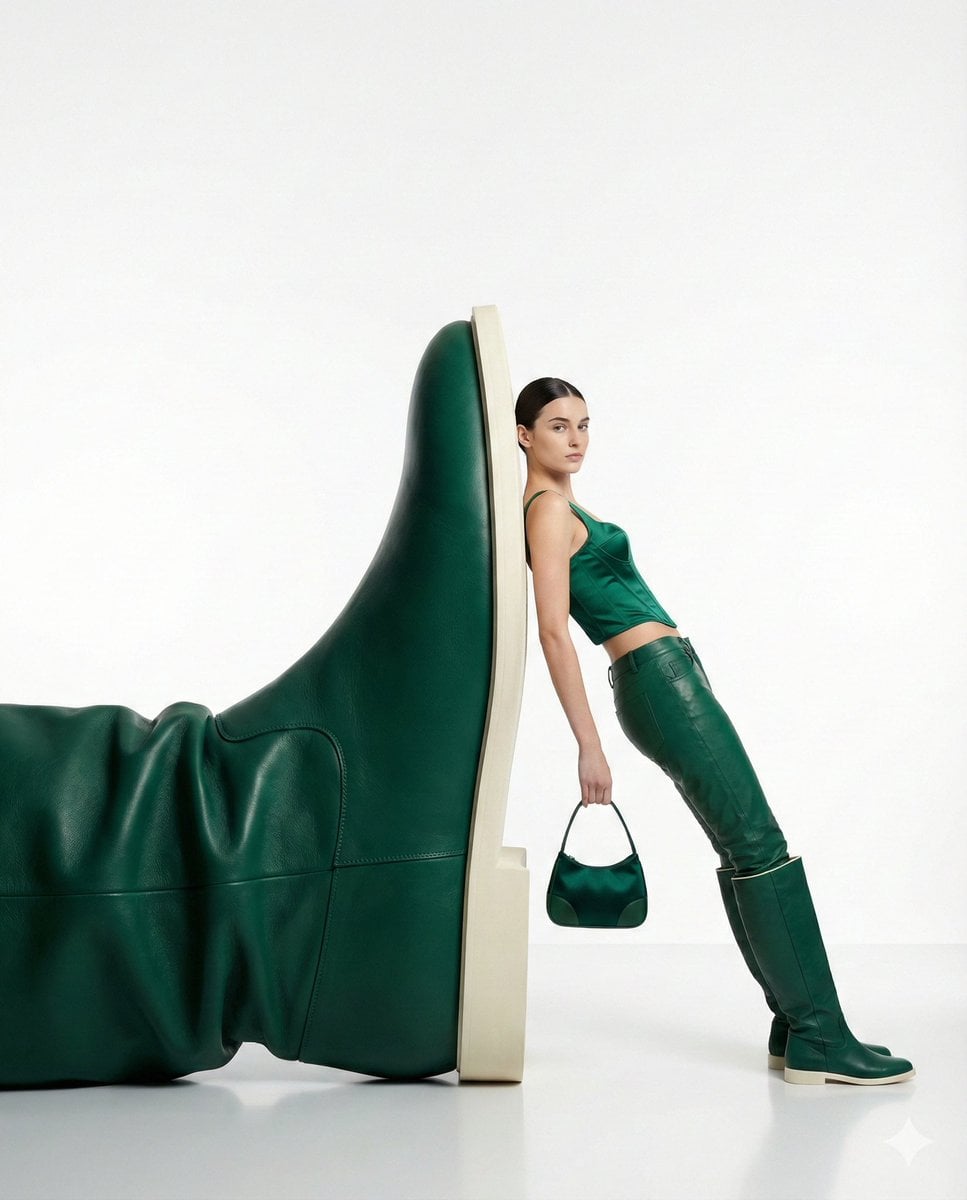 high-fashion editorial minimalist surrealism a confident woman leaning casually against an oversized green le…