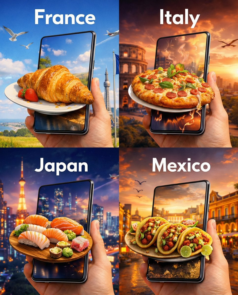 Create a hyper-realistic tourism advertisement collage in a single 1…