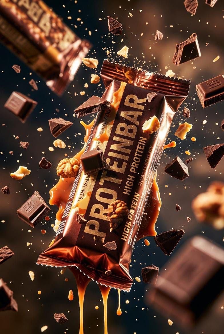 Ultra-cinematic product photography of a premium protein bar wrapped…