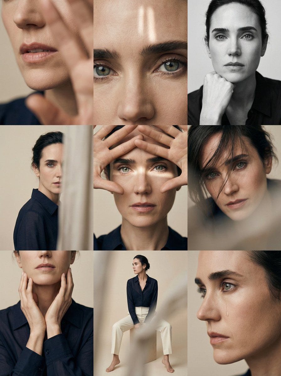 Editorial 3x3 photo grid in a clean soft beige studio. Character (mat…