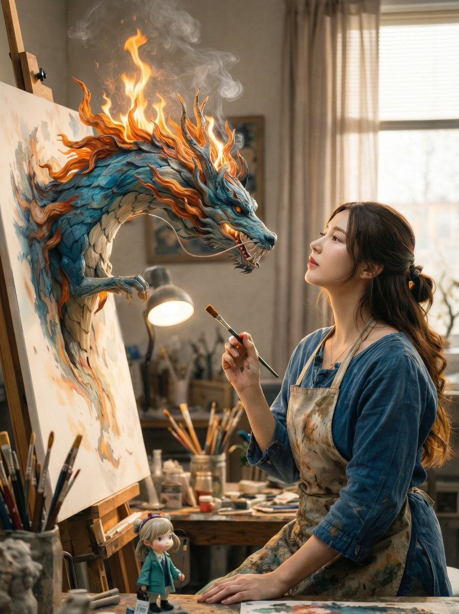 A cinematic fantasy scene inside a cozy artist’s studio. A young fema…