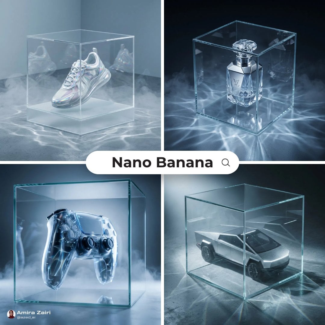 product futuristic high-end ad transparent glass cube enclosure caust…