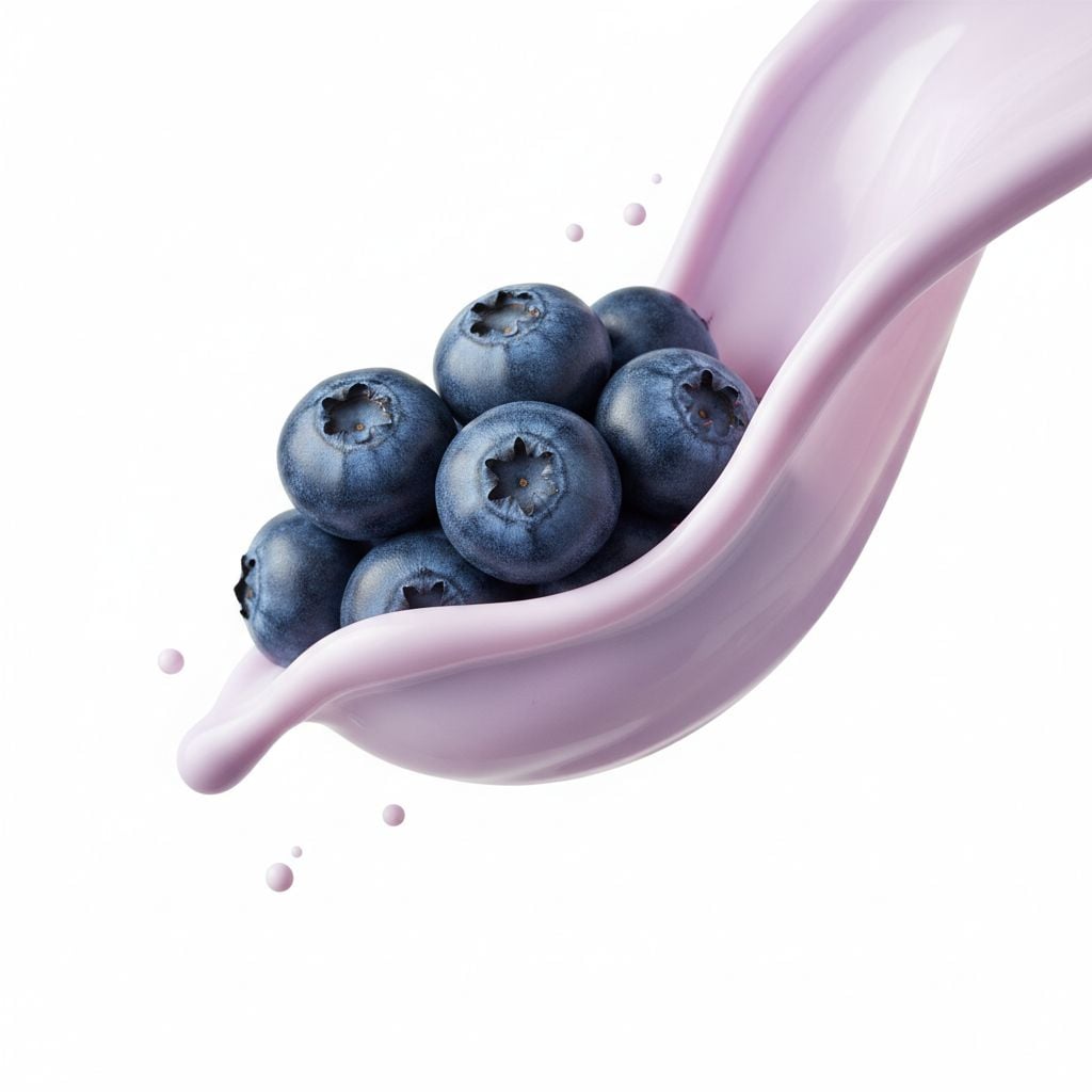 A high-speed studio photograph of a cluster of fresh blueberries susp…
