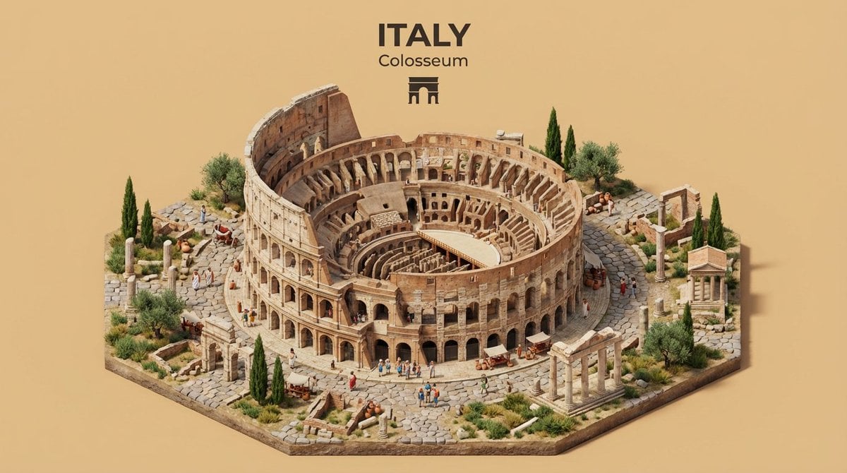 Create an isometric miniature 3D diorama representing the iconic arch…