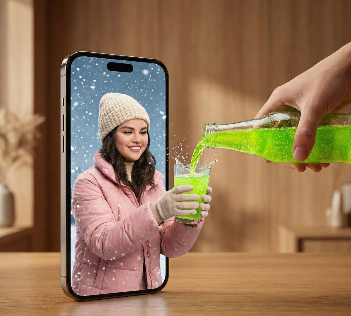 A hyper-realistic surreal photograph of a modern smartphone lying fla…