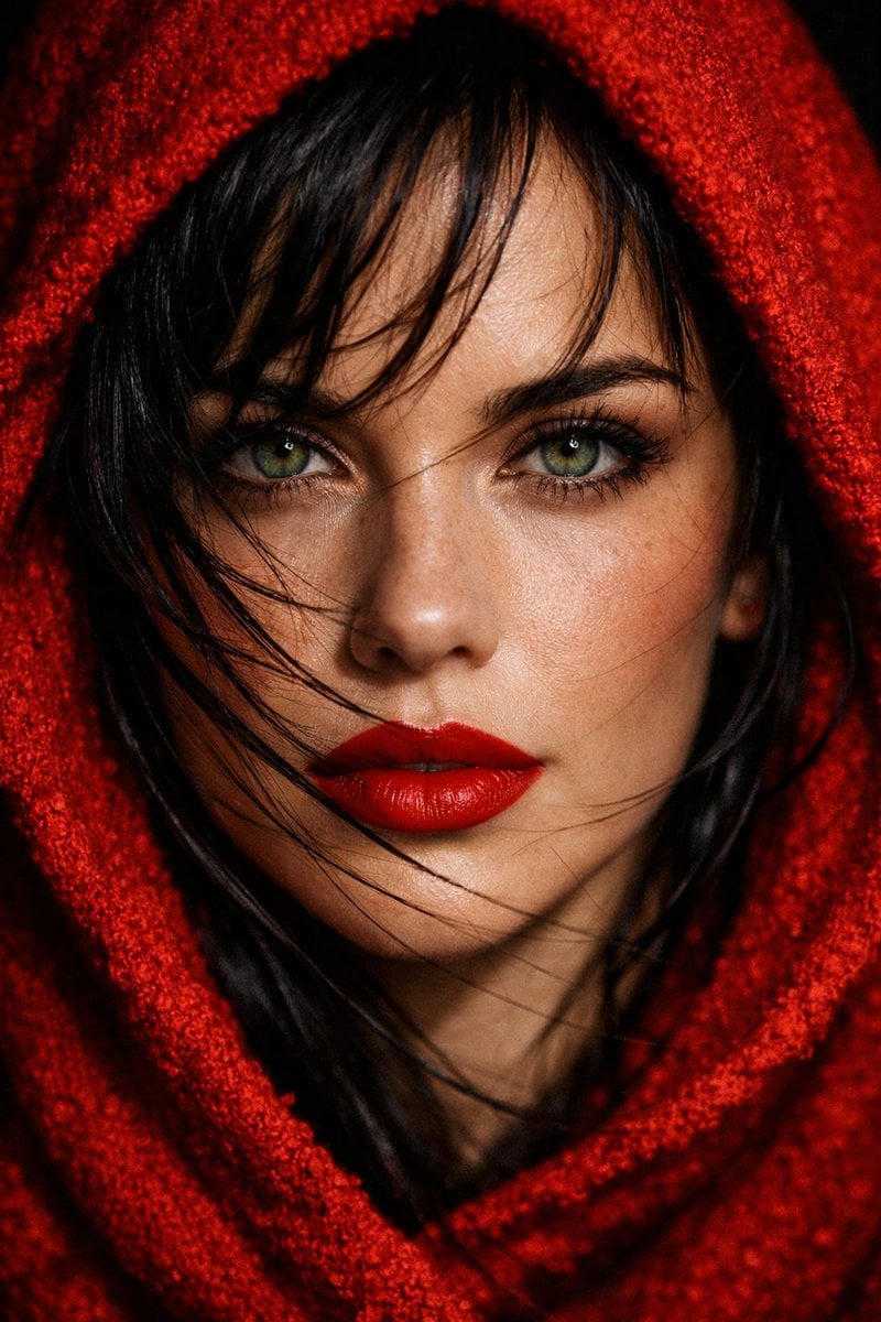 Extreme close-up portrait of a woman with piercing green eyes and bold, matte red lips, her face framed by a…