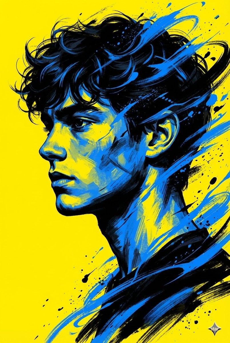 A bold, high contrast digital portrait of a young man in side profile…