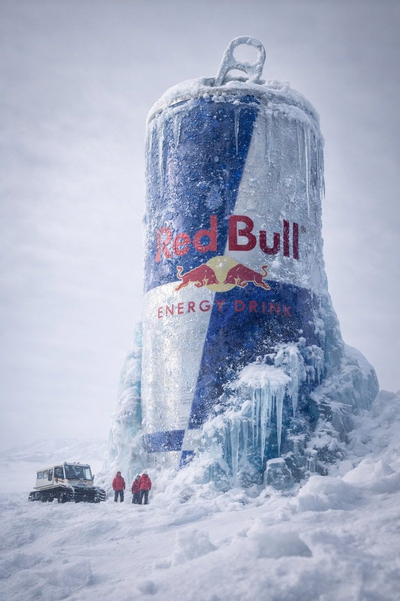 Hyper-realistic cinematic 8k photograph, low-angle wide perspective. A massive Monster Energy can standing ve…