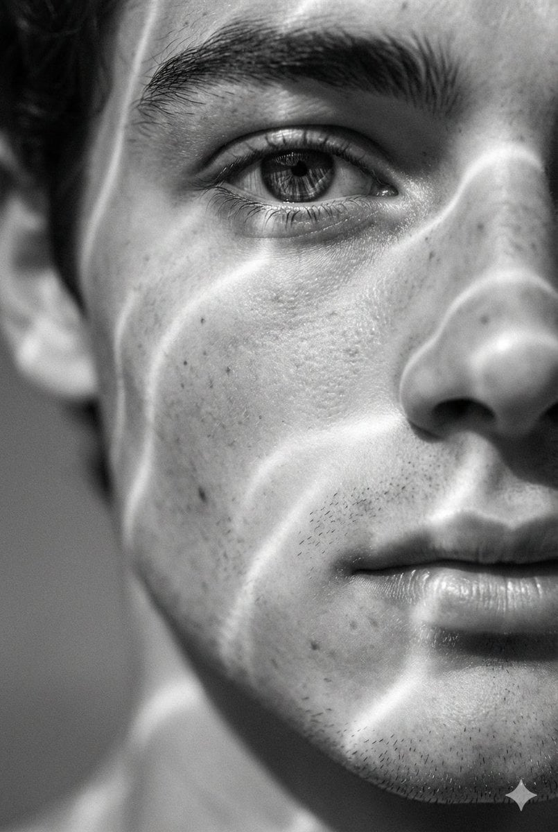 A hyperrealistic 8K black and white extreme close-up portrait of a yo…