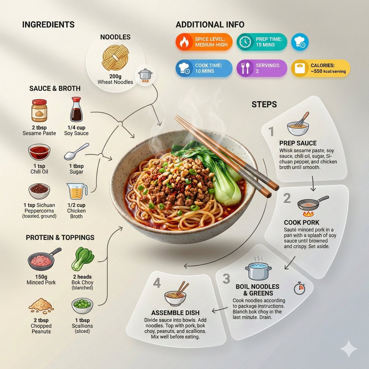 Ultra-clean modern recipe infographic. Showcase Noodles in a visually…