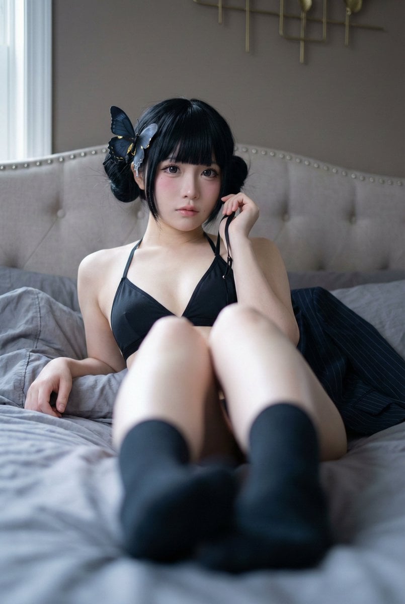 An adult woman in a cosplay-inspired boudoir portrait reclining on a…