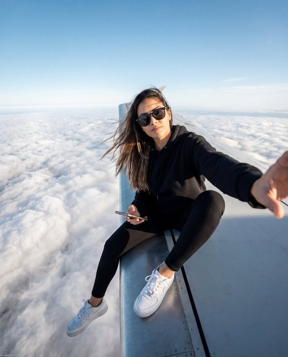 image generation stylish young woman sitting on an airplane wing high…