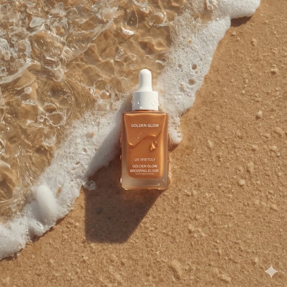 Ultra-realistic summer skincare product photography of a bronzing dro…